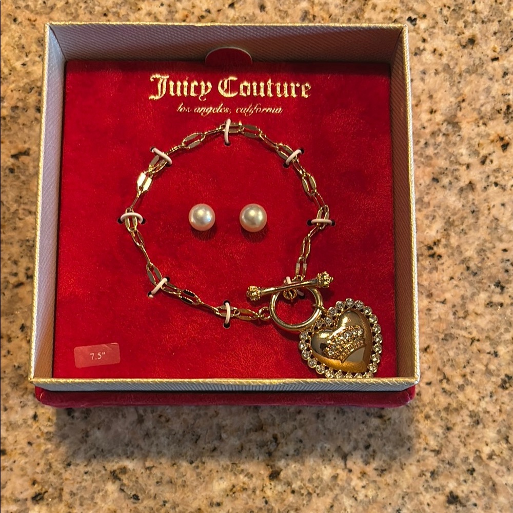 Juicy Couture Gold Bracelet and Pearl Earrings Set